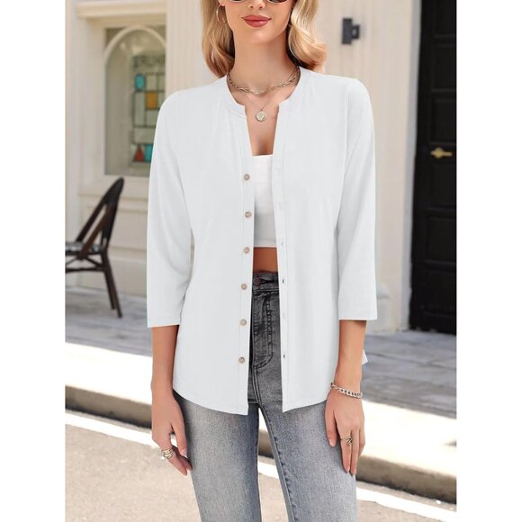 Women's Cotton Blend Button Down Top 3/4 Sleeve V Neck Casual Summer Stylish - Picture 4 of 6